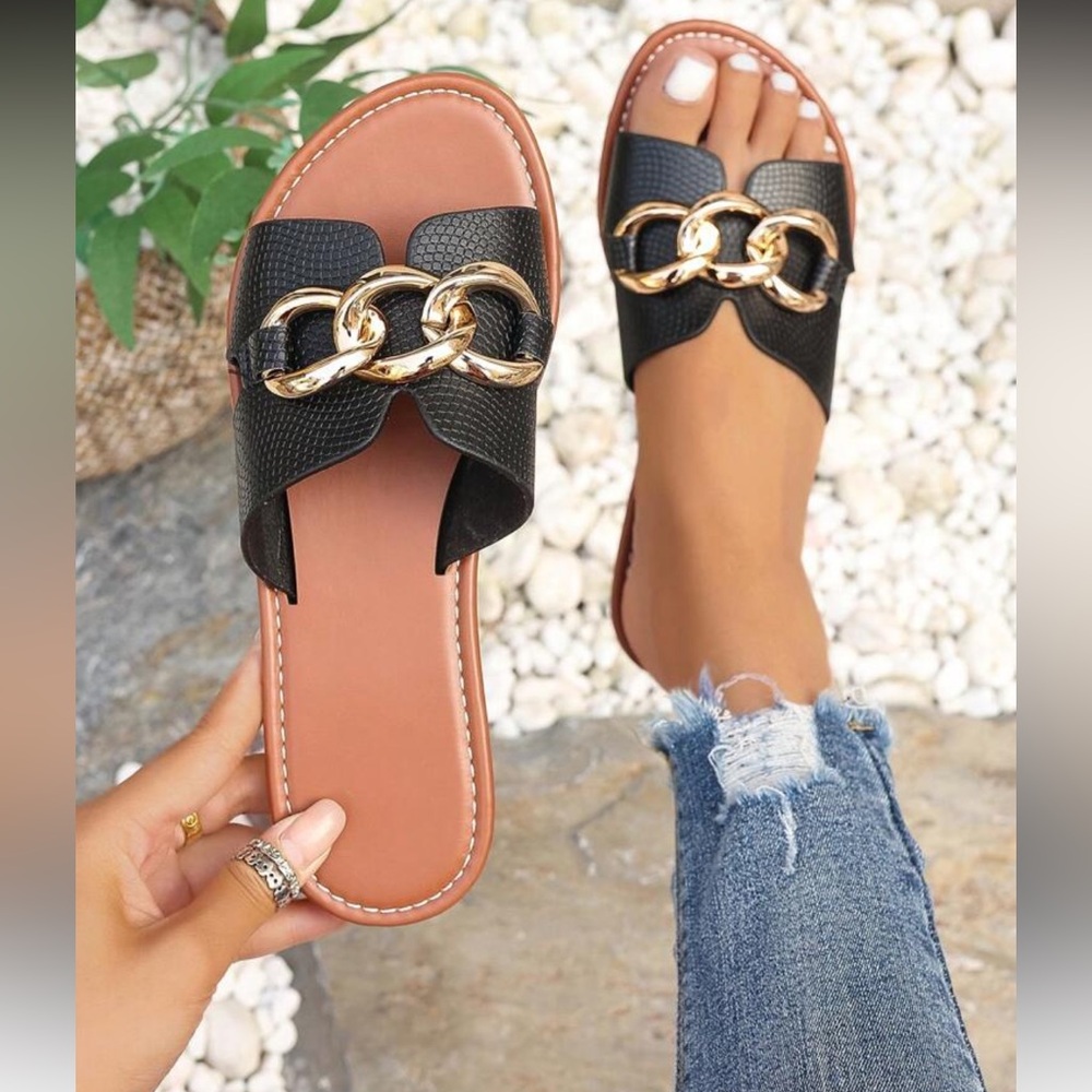 Women's Black and Gold Chain Slide Sandals - Picture 3 of 5